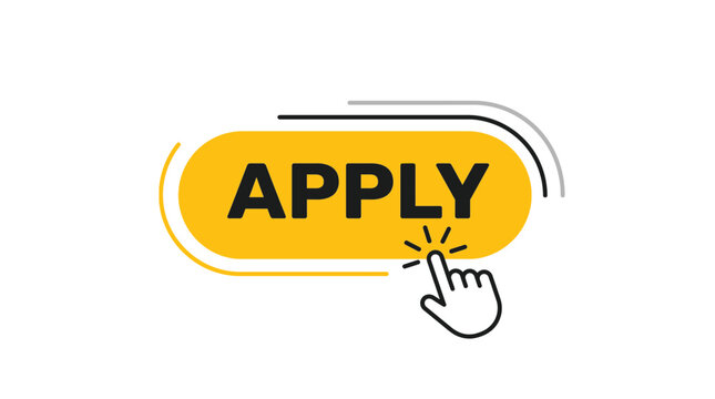 Yellow apply button with hand cursor clicking icon for website and mobile application interface design