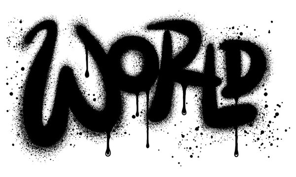 Graffiti world text sprayed in black over white.