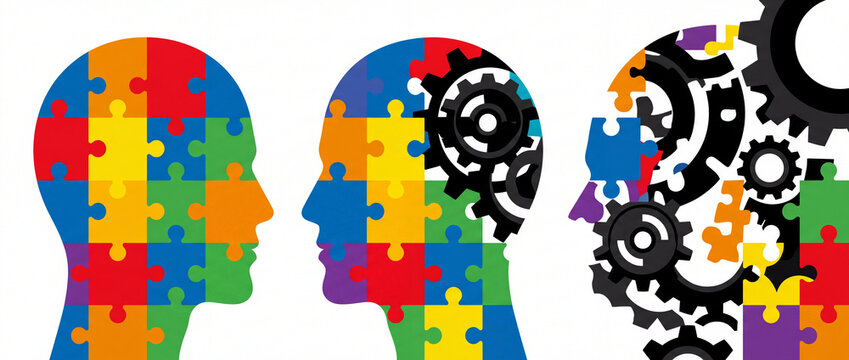 Colored puzzle piece human head silhouettes with mechanical gears