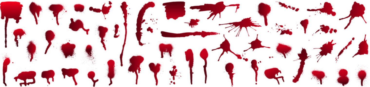 Red paint brush stroke collection with expressive splashes, drips, smears and rough marks isolated on white, ideal for grunge design, posters, backgrounds and creative textures.