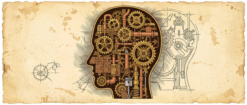Vintage human head silhouette containing mechanical gears and puzzle pieces on aged parchment paper