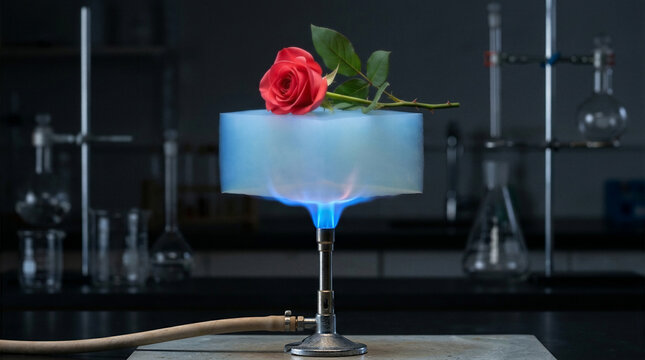 Translucent blue aerogel block holding red rose above active roaring bunsen burner flame in laboratory demonstrating advanced thermal insulation