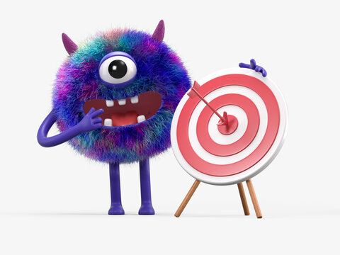 Fluffy, cute monster with a target, symbolizing goals or achievements. 3D rendering, conceptual image. Isolated on white background.