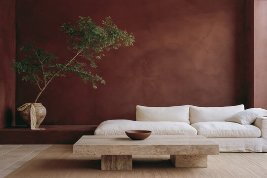 Modern living room with white sofa and coffee table in warm terracotta interior, minimal sophisticated home decor, calm aesthetic design.
