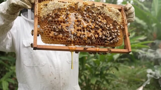 Beekeeper in protective suit harvesting honeycomb frame with dripping honey from beehive, sustainable apiculture in tropical forest, authentic beekeeping process