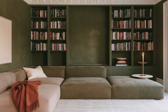 Green built-in bookshelves with olive sofa in elegant library living room, sophisticated contemporary interior, cozy reading space, aesthetic design.