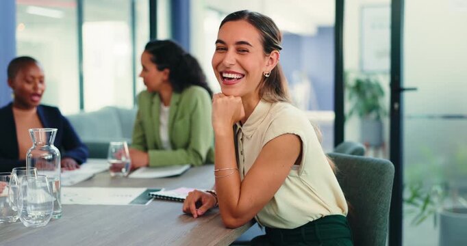 Marketing, face and woman in meeting with smile, creative consultant and about us in PR office. Happy, team and brand specialist with laugh, campaign planner and confidence in communications.