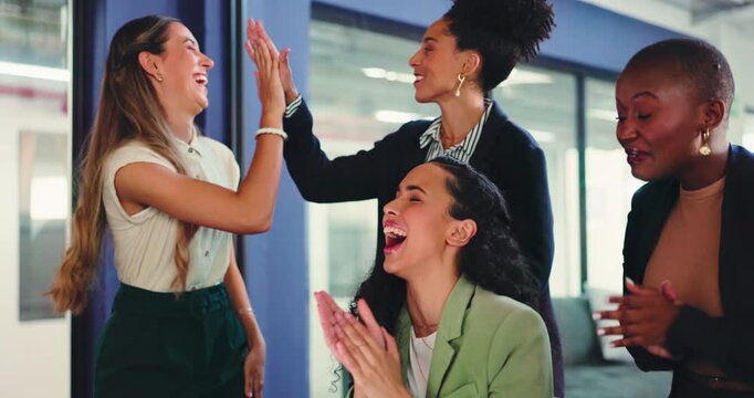 Success, laptop and business women with high five for feedback, good news and project approval. Teamwork, creative and people celebrate for digital marketing, brand campaign and advertising deal