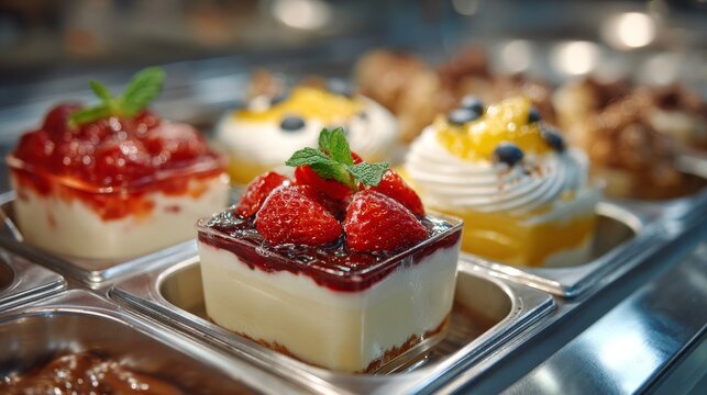 Assorted fruit desserts including strawberry cheesecake and cream tarts in a metal display tray with a blurred background.