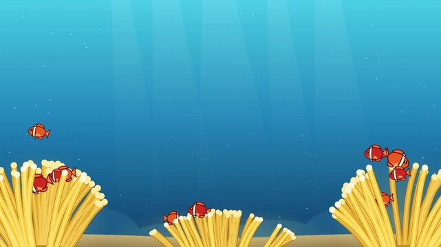 Red and orange clownfish darting in yellow anemone seamless loop