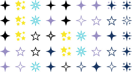 Fototapeta premium Collection of minimalist star sparkle vector icons in black yellow blue and purple colors