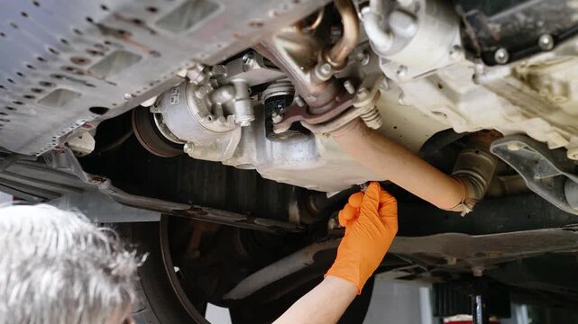 Mechanic loosening the engine oil drain plug underneath a car before draining the used engine oil during an oil change.