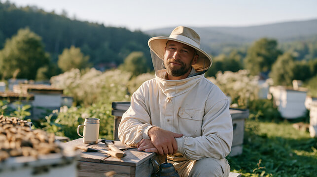 Polish beekeeper in a mesh veil pushed back over their hat, seated on a wooden hive box between rows of hives on a hillside farm, thermos mug beside a hive tool and smoker, warm