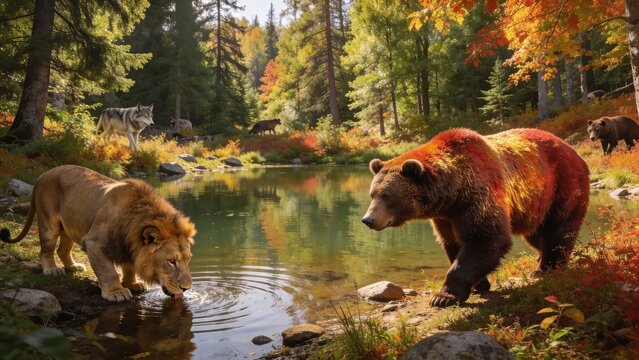 Wild Lion Drinking Water Next to Grizzly Bear and Wolf in Autumn Forest Lake   