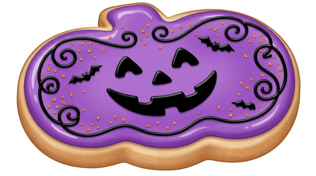 Purple halloween pumpkin shaped sugar cookie with black icing decorations isolated on transparent background