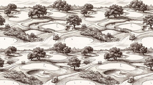 Aerial view golf course pattern featuring vintage hand drawn greens