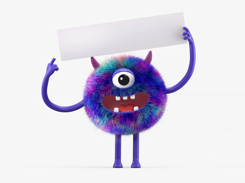 Fluffy, cute monster holds a blank sign, symbolizes information and advertising display. 3D rendering, conceptual image. Isolated on white background.