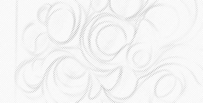 Abstract halftone pattern featuring interlocking circular shapes and flowing curved lines in black and white