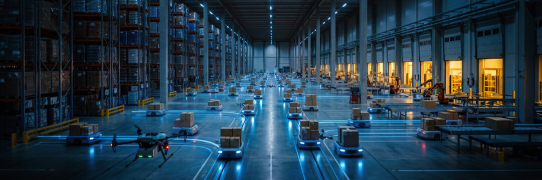 Autonomous warehouse robots transport cartons through dark distribution center with coordinated efficiency. Warehouse fleet, night logistics concept.