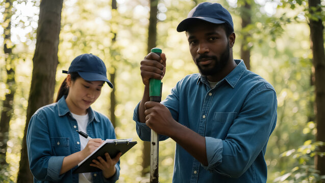Diverse environmental researchers conduct field study in a lush forest. This dedicated team performs ecological analysis for nature conservation and a sustainable future