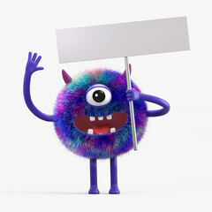 Fluffy, cute monster holds a blank sign, symbolizes information and advertising display. 3D rendering, conceptual image. Isolated on white background. © Jane