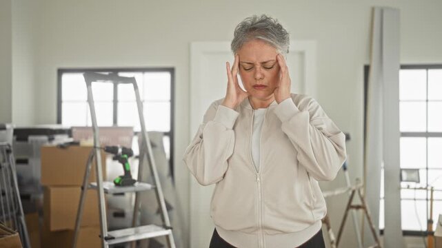 Woman holding temples with both hands amid moving boxes, ladder and drill inside house, showing headache; stress.