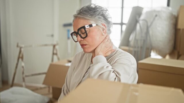 Woman with hand on neck amid stacked cardboard moving boxes, bubblewrap and hand truck in building, pausing with a neck pain gesture; fatigue.