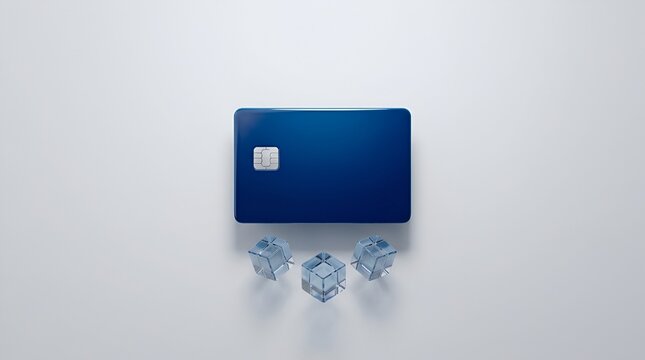 Dark blue credit card positioned above three clear ice cubes on white surface with financial service cool finance emv chip digital banking money management
