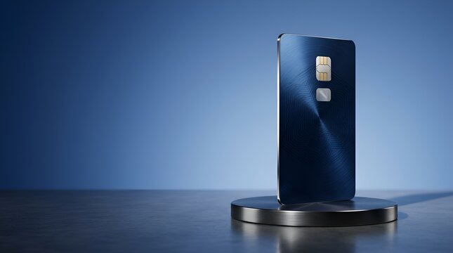 Dark blue credit card displayed vertically on a metallic pedestal with premium banking emv chip digital banking money management cashless payment method