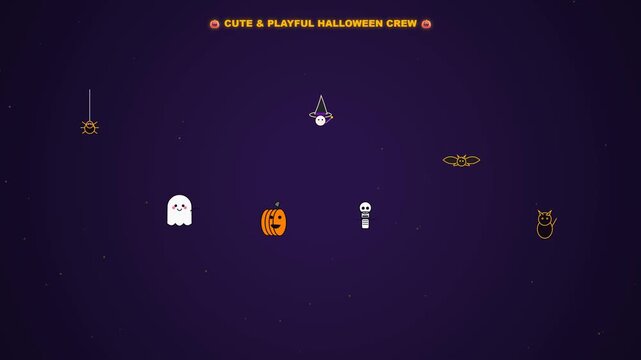 A commercial-grade 4K motion graphic featuring a delightful ensemble of cute and playful hand-drawn vector Halloween characters: a friendly ghost, a smiling pumpkin, a cute bat, a black cat, 