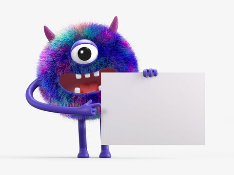 Fluffy, cute monster holds a blank sign, symbolizes information and advertising display. 3D rendering, conceptual image. Isolated on white background.