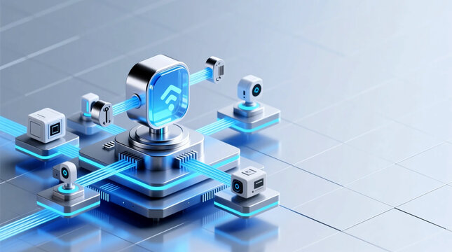 A futuristic hub orchestrating seamless data flow and interconnected devices symbolizing the core of modern Digital Transformation Workplace strategy