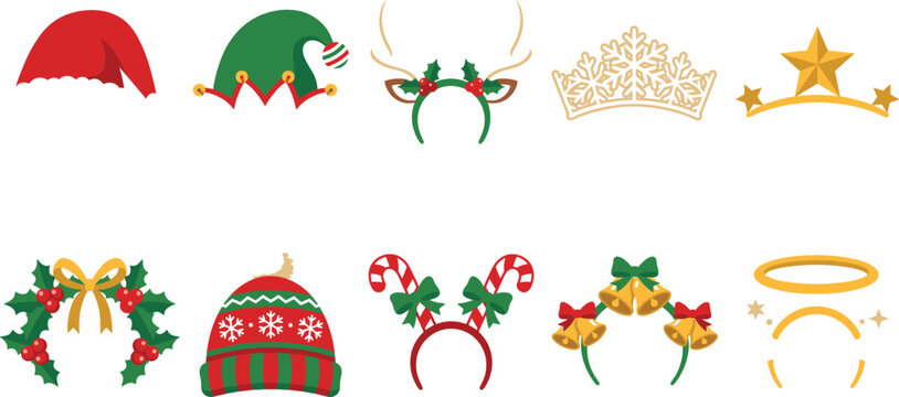 Set of christmas party photo booth props including santa hat, elf hat, reindeer antlers, crown, star, wreath, winter beanie, candy canes, bells, and angel halo