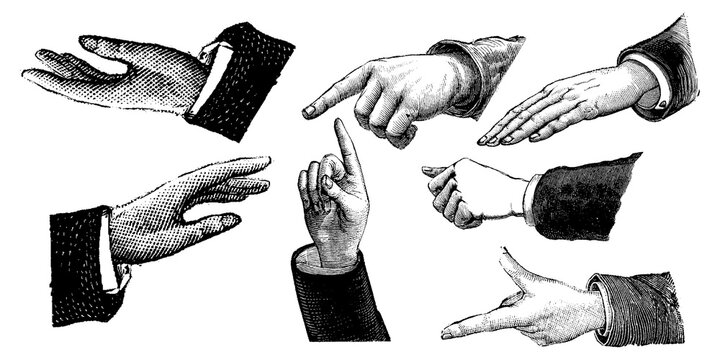 Vintage human hand gestures set, retro pointing index finger engraving