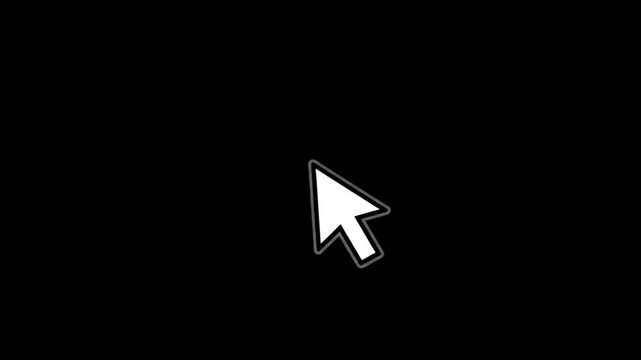 White computer mouse cursor arrow moving across a plain black background screen to indicate selection with video white technology