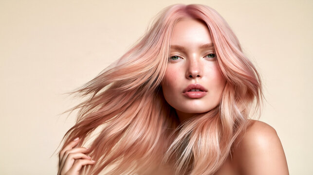 Windblown woman with long rose gold hair, freckled skin and healthy silky shine, showcasing trendy pastel pink dye color beauty portrait.