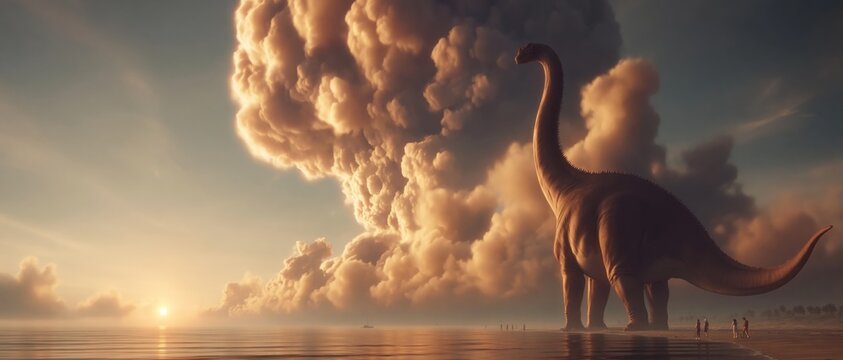 A giant sauropod dinosaur stands on a reflective beach with tiny humans nearby against a dramatic cloudy background.