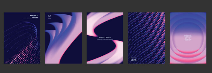 Naklejka na ściany i meble Futuristic vector poster template set with purple pink gradient waves, halftone curves and modern abstract geometric backgrounds