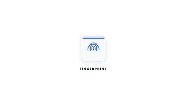 Animated sequence of a digital mobile payment process featuring a shopping cart icon for checkout, fingerprint biometric scanning for security authentication, and a green checkmark success sign.
