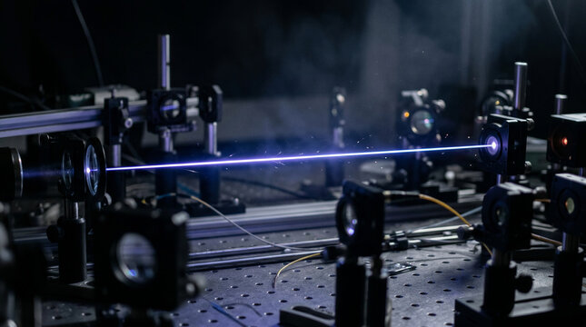 Laser beam focusing in dark optics laboratory ionizing air to create glowing blue violet plasma filament thread with floating illuminated dust