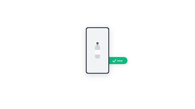 A flat-vector loop showing a live shopping interface where a clean yellow cart panel slides out, gets clicked, and transforms into a green SOLD badge.