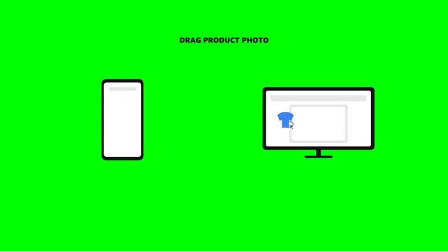 A 4K professional 2D flat vector animation showing a seller taking a photo of a shirt on a smartphone, dragging it across to a desktop computer, and listing it in a digital store.