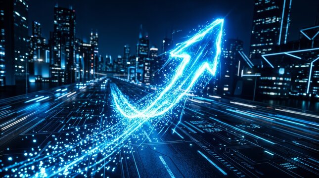 Low angle perspective of a glowing blue digital arrow rising above a futuristic smart city at night, symbolizing economic growth, financial market success, and technological data advancement.