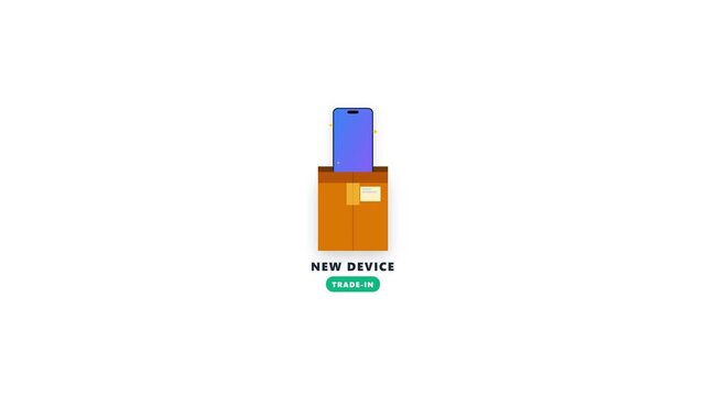 A motion graphic showing an old smartphone moving into a package box, undergoing a clean 2D geometric 3D rotation, and upgrading to a visually prominent new device.