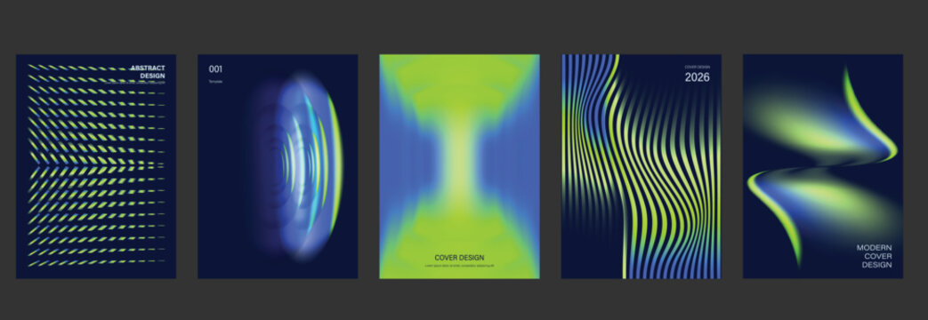 Futuristic vector poster template set with electric blue green gradients, optical waves and modern cyber abstract backgrounds