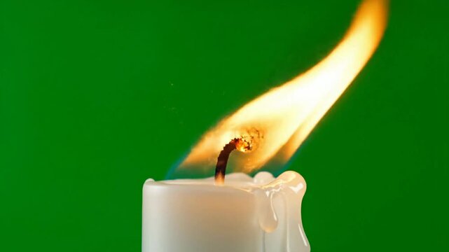 Burning white candle with flickering flame isolated on green screen chroma key fire