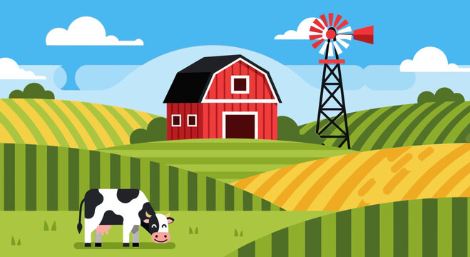 Flat vector farm landscape, red barn and windmill on rolling green fields, rural countryside agriculture illustration with grazing cow isolated on White Background