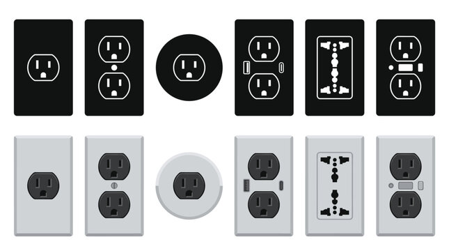 Vector collection featuring different electrical outlets, standard wall outlet, double socket outlet, grounded outlet, USB outlet, universal outlet, modern smart outlet