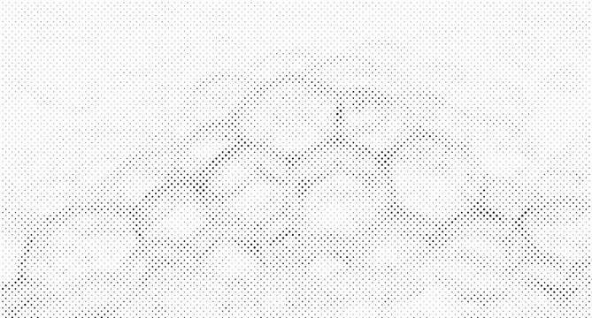 Abstract halftone pattern featuring overlapping circular shapes and gradient dot density in black and white monochrome style