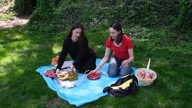 Cheerful friends sit on blanket and arrange fresh fruit on plate. Women prepare attractive and healthy snack for leisurely afternoon picnic in park